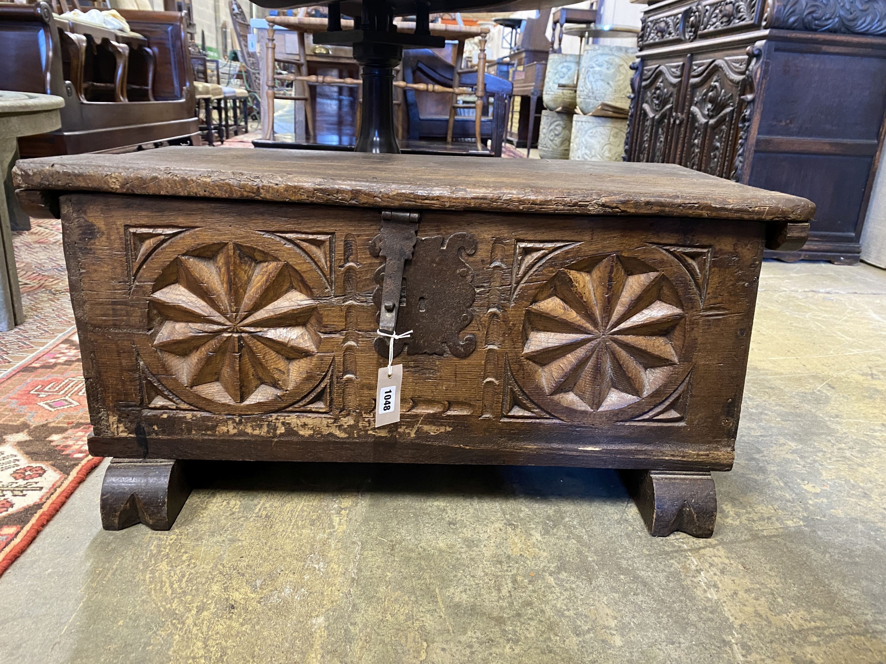 A 17th century and later Spanish oak coffer, length 86cm, depth 44cm, height 41cm